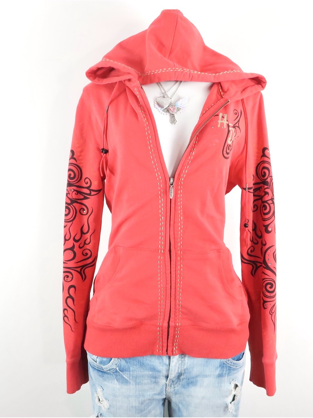 Harley-Davidson Coral Zip Hoodie with Black Sleeve Graphics